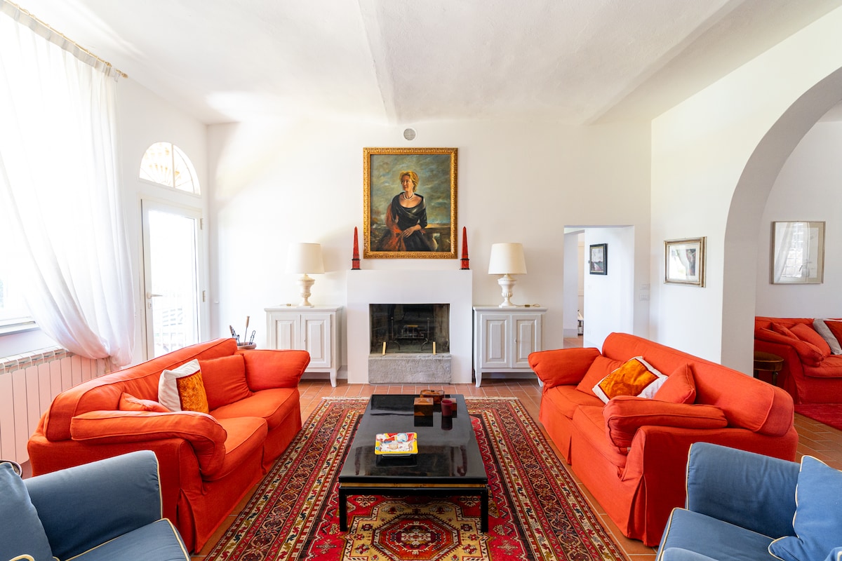 The living room with terracotta sofas and a fireplace
